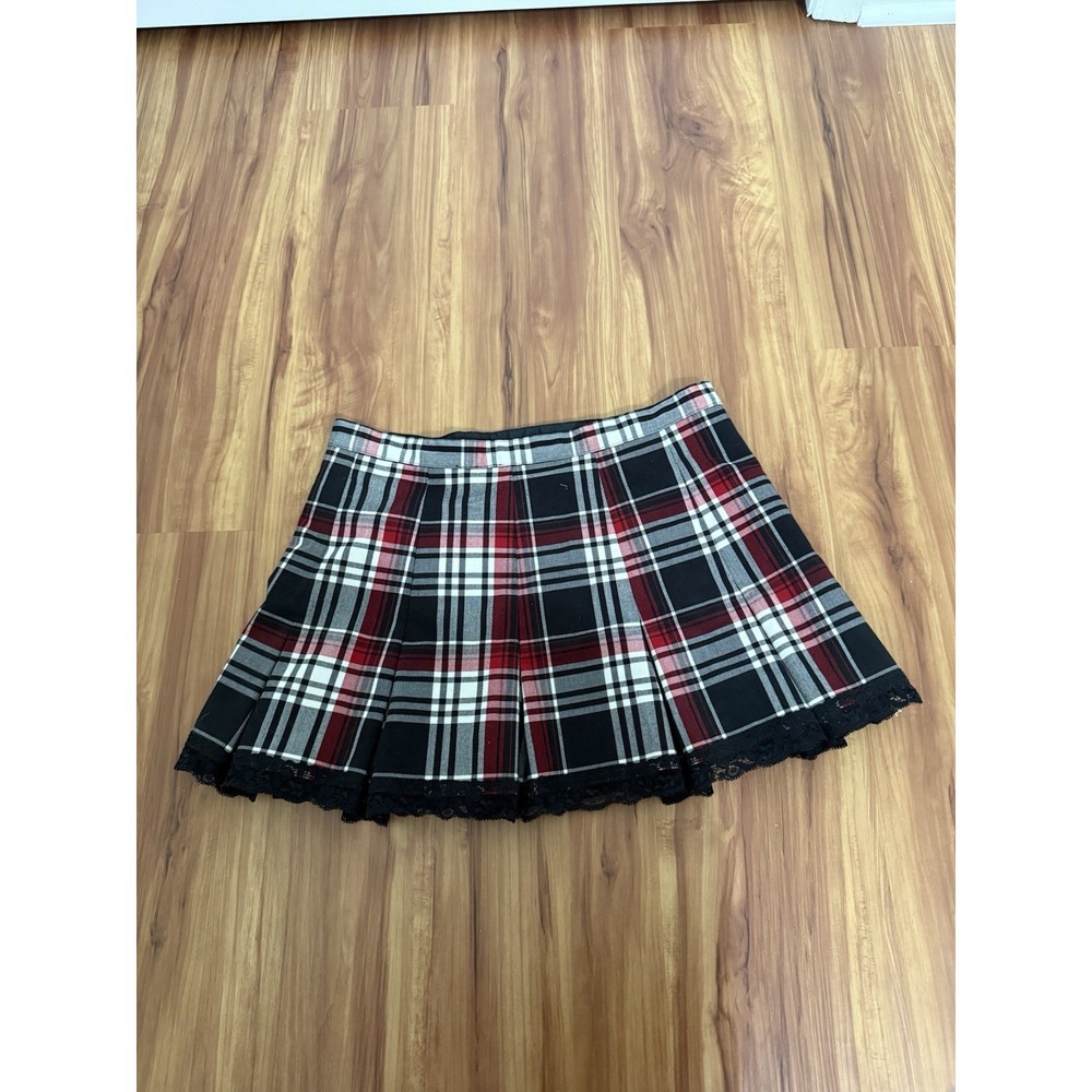 Y2K Red Black Plaid Mini Skirt Black Lace Trim Goth Grunge Punk Academia 5/6 - Picture 5 of 5